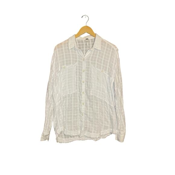 Free People Tops - Free People Sheer Plaid Button Up Long Sleeve White Shirt Lagenlook Relaxed Fit